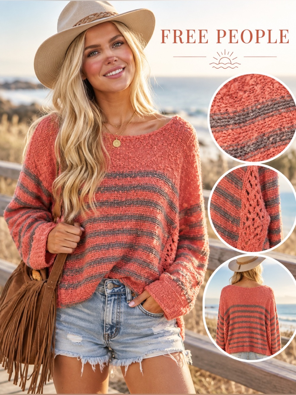 Free People Coral & Gray Striped Scoop-Neck Knit 100% Cotton Sweater